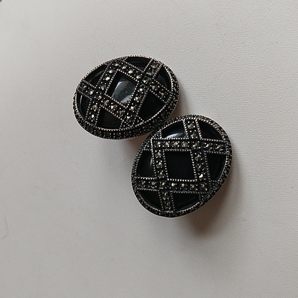 Vintage Judith jack marcasite onyx sterling silver 925 clip on earrings